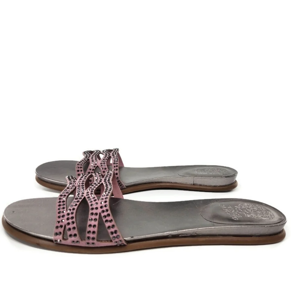 Vince Camuto Empiana Light Pink Woven Strap Black Crystals Flat Slide-On Sandals
